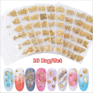 10 Packs Gold Nails Art Metal Rivets Studs Hollow Round Stars 3D Decoration Tips - Picture 1 of 12