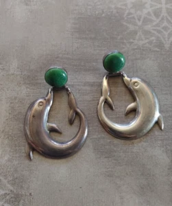 Vintage earrings sterling silver dolphin green stone Mexico RMCN Taxco *repaired - Picture 1 of 8