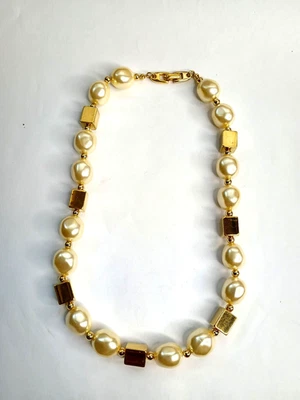 Vintage Signed NAPIER Faux Baroque Pearl & Goldtone Square Bead Choker Necklace - Image 1 of 4