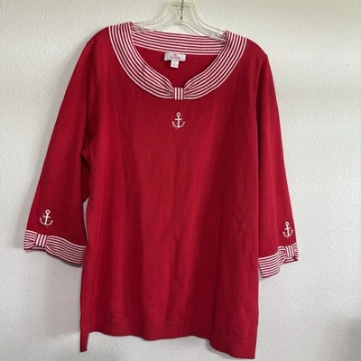 Quacker Factory Sweater Women's XL Red Striped Collar Retro Anchor Embroidery - Image 1 of 4