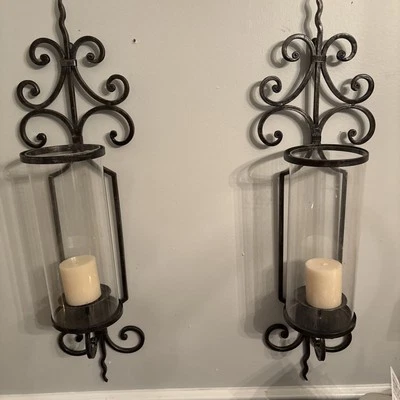 Apliques de hierro/vidrio de pared toscano (juego de dos) ¡con un poco brutalista! Foto 1 de 4