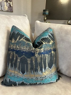 Handmade cushion in Fryetts Inca, Black, Teal, Navy And Gold, Various Sizes - Image 1 of 4