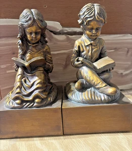 Vintage 10" Boy & Girl Reading Bookends Figurines Shelf Decor Classic Style - Picture 1 of 14