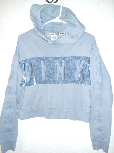 UNDERCOVER Victoria Secret ROSA Felpa con Cappuccio Cropped XS Manica Lunga Donna Top Logo Velluto Blu