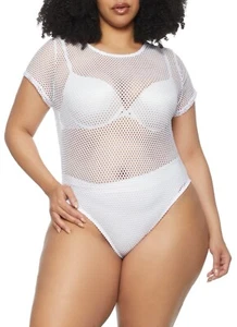 Women Plus Size Fishnet Crew Neck White Bodysuit Size 1XL. - Picture 1 of 3