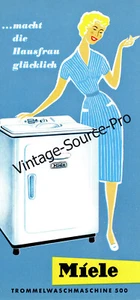 vecchio opuscolo pubblicitario Miele foglio pieghevole lavatrice a tamburo 500 vintage anni '50 - Foto 1 di 3