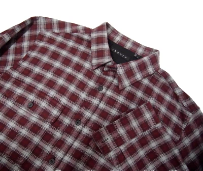 Theory Mens Shirt L Flannel Burgundy Red Grey Plaid Long Sleeve Button Cotton - Image 1 of 4