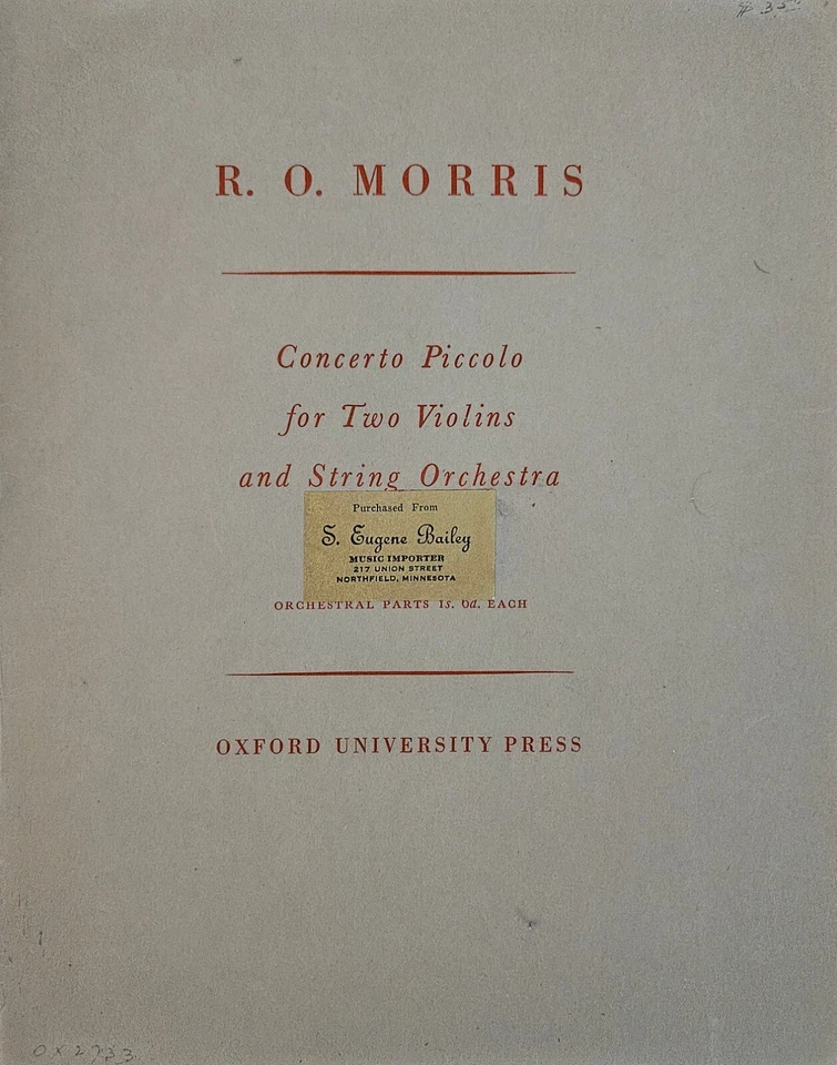 R. O. Morris Concerto Piccolo for Two Violins and String Orchestra -Oxford Press - Image 1 of 1