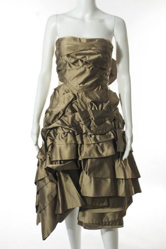 PRADA Abito vintage marrone 100% seta raccolto a più livelli couture senza spalline 40 IT