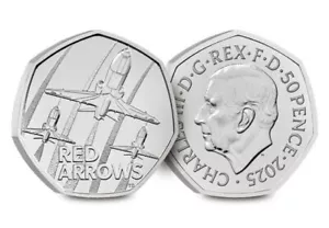 2025 UK King Charles III RED ARROWS 50p Coin BU on a Blue Hologram Card. - Picture 1 of 2
