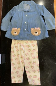 OCI Teddy Bear Outfit Denim Buttom Up Shirt & White Floral Leggings Pants Set - Picture 1 of 7