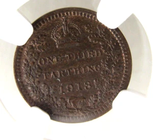 1913 Uncirculated Great Britain 1/3 Farthing Certified NGC MS 63 BN - Picture 1 of 17