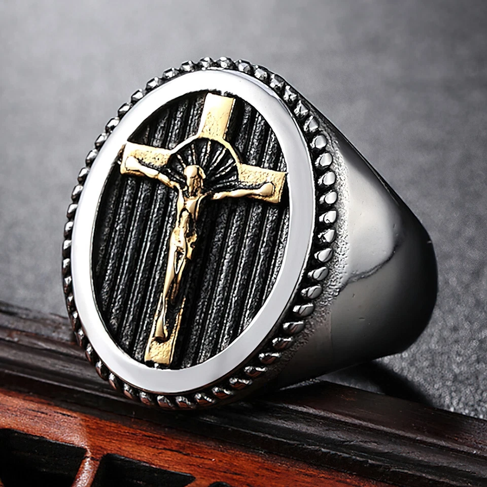 Anillo de sello de cruz de acero inoxidable estilo retro martillado Santa Cruz cristiana para hombre Foto 1 de 4