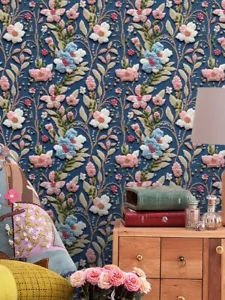 Blaue Blumen Tapete Strukturiert Bestickt Abziehen und Kleben Abnehmbares Dekor - Bild 1 von 9