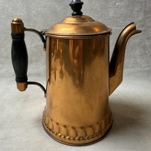 Vintage Copper Brass Teapot Tea Water Coffee Kettle Lidded Wood Handle - Picture 1 of 10