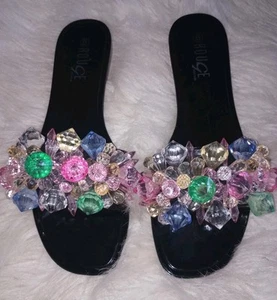 Flat Slides Sandal Shoes Size 8 Black Clear Crystal Beads Multicolor Slide Women - Picture 1 of 16