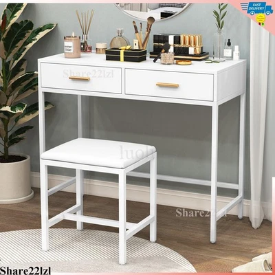 Escritorio tocador moderno, mesa de maquillaje con 2 cajones de almacenamiento y taburete acolchado blanco Foto 1 de 4