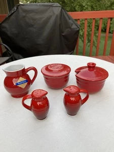 Emile Henry France Sugar Bowl Creamer Salt Pepper Shakers Bowl Red Stoneware - Picture 1 of 14