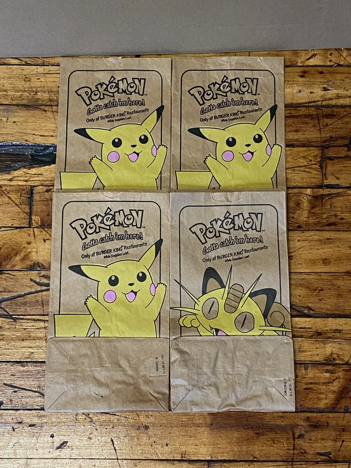 Lote de 4 bolsas de papel de comida vintage 1999 Pokemon Pikachu Meowth Burger King niños Foto 1 de 4
