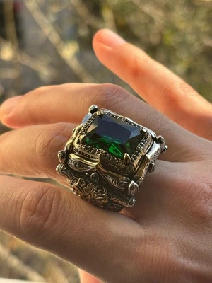 Anillo turco hecho a mano de plata de ley 925 esmeralda piedra simulada hombre otomano Foto 1 de 4