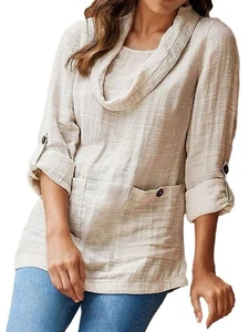 Soft Surroundings MAYFIELD Natural Oatmeal Cowl Neck Lagenlook Linen Top Tunic M - Picture 1 of 9