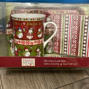 Taza, montaña rusa y bandeja Debbie Mumm.  Juego de regalo de porcelana fina muñeco de nieve Jingle Bell - Imagen 1 de 6