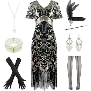 1920s Sequins Gatsby Cocktail Flapper Dresses Medium Black Silver - Picture 1 of 7