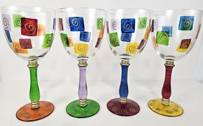 Arte rumano cristal copas de vino sopladas a mano real Danubio abstracto multicolor 4 Foto 1 de 4