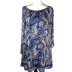 Vestido Alice + Olivia Azul Paisley Hombro Descubierto Manga Larga S Boho Festival - Imagen 1 de 14