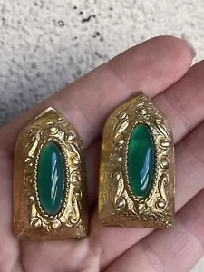 925 Sterling Silver Art Deco Real Chalcedony Gem Clip On Earrings - Picture 1 of 8
