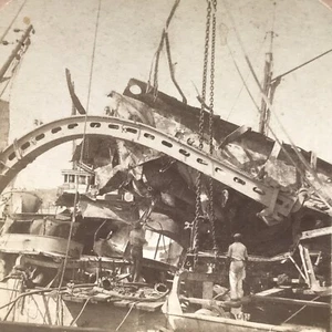 Wreck of U.S.S. Maine Havana Harbor Vintage Stereograph Stereoview Card - Picture 1 of 5