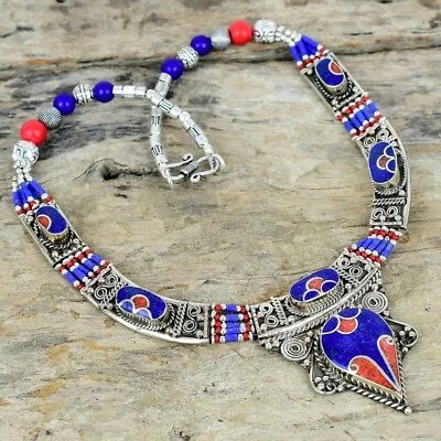 Lapislazzuli & Corallo 925 Argento Sterling Tibetano Collana Indiano Nepali - Immagine 1 di 4