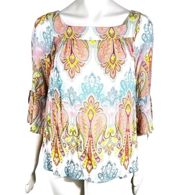 Blusa Top Sharagano Escote Cuadrado Manga 3/4 Corbatas Multicolor Boho Informal Foto 1 de 4