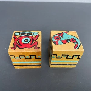 Square Salt & Pepper Shakers Pacific Northwest Indigenous Art Salmon Native Tiki - Picture 1 of 10