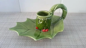 Handmade Glazed Ceramic Christmas Holly Leaf  Candle Holder Signed EUC - Picture 1 of 9
