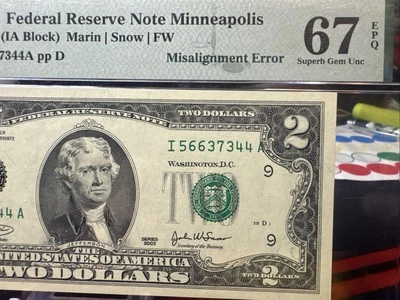😎 2003  $2 Federal Reserve Note MINNEAPOLIS- "MISALIGNMENT ERROR" PMG 67 EPQ - Image 1 of 4