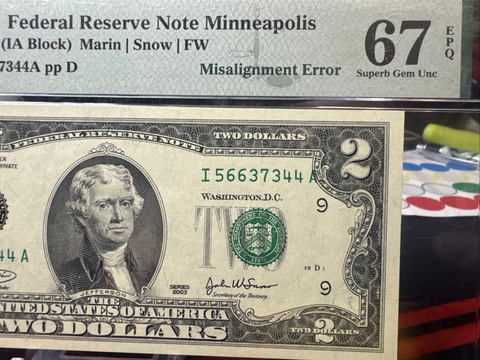😎 2003  $2 Federal Reserve Note MINNEAPOLIS- "MISALIGNMENT ERROR" PMG 67 EPQ - Image 1 of 4