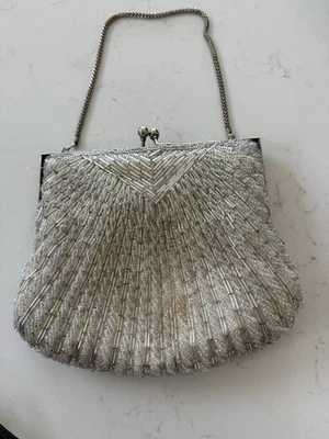 Vtg Silver Gold Beaded Evening Bag Clutch Purse Kiss Lock Art Deco - Image 1 of 4