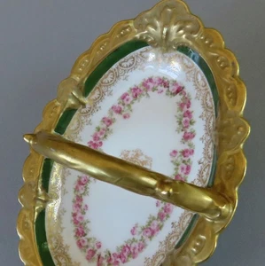 Antique LIMOGES Porcelain Handled "Basket" Dish PINK ROSES Green + Lush GILT Trm - Picture 1 of 5