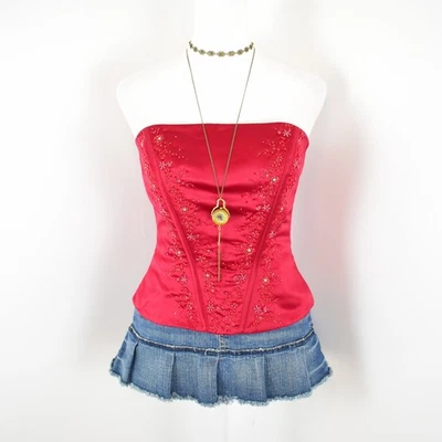De Colección Años 90 Y2K Nueva Imagen Rojo Satinado Floral Bordado Lentejuelas Cuentas Bustier Talla 6 Foto 1 de 4