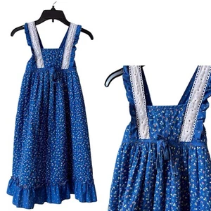 Maxi Vestido Vintage Años 70 Niña Pradera Talla 8 Azul Floral Acolchado Algodón Boho Niño - Imagen 1 de 10
