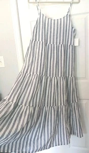 NUEVO CON ETIQUETAS BeachLunchLounge Vestido de Sol Sin Mangas Azul Rayas Niveles Calzoncillo Lino + Maxi XL - Imagen 1 de 8
