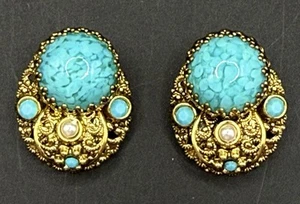 West Germany Vintage Faux Turquoise Pearl Filigree Gold Tone Clip On Earrings - Picture 1 of 5