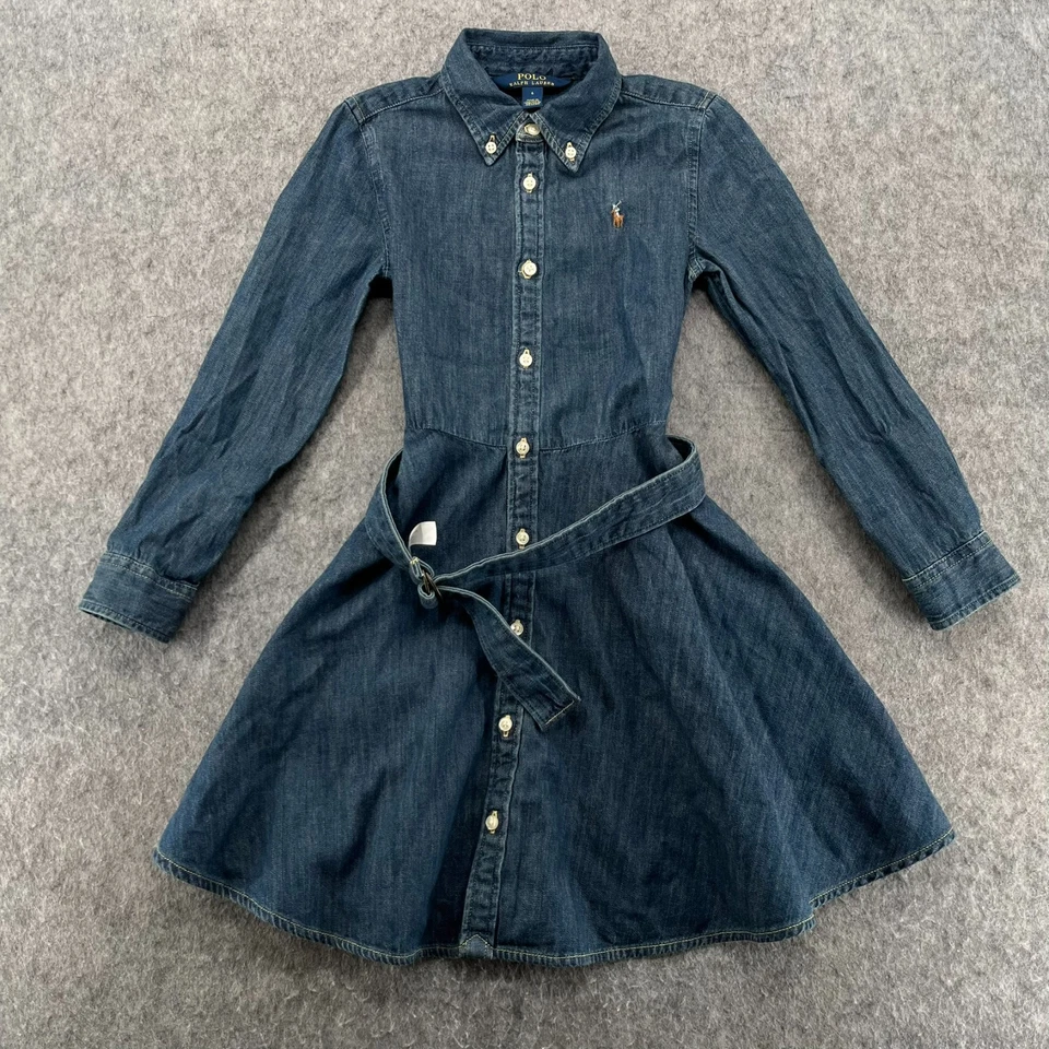 Polo Ralph Lauren 女孩 6 码牛仔布纽扣衬衫连衣裙领 — 第 1/4 张图片