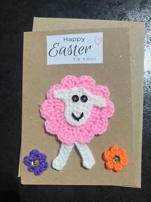 🐑 🌺 NEW Cute Hand Crochet Easter Lamb card & Envelope Sheep flower sequins - Image 1 of 4