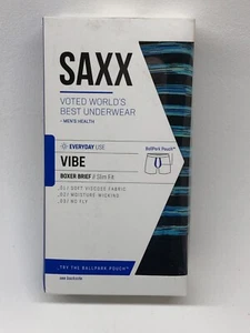 Saxx Vibe Slim Fit Boxer Briefs Everyday Use Ballpark Pouch M Striped Black/Blue - Picture 1 of 5