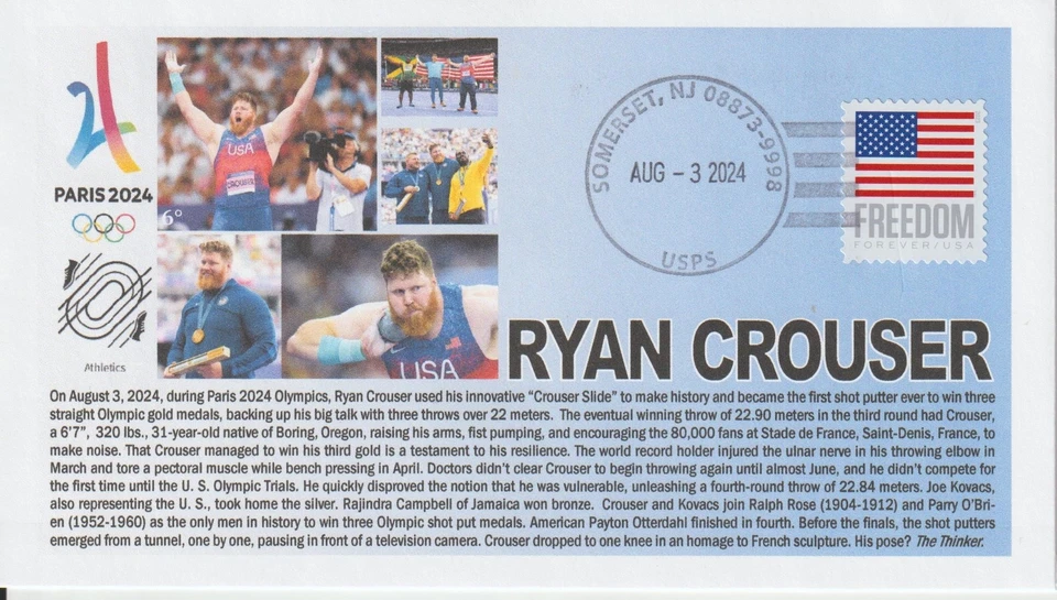 6° Cachets Paris 2024 Olympics Ryan Crouser Team USA Shot Put Gold Medal - Image 1 of 1
