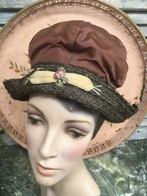 Antiguo 1900-1920 Damas Marrón Seda Sombrero Cinta Trabajo Rosa Rosa #5 Foto 1 de 4