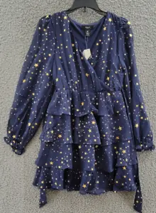 AQUA Long Sleeve Metallic Star Dress Girls M Navy/Gold Crossover Neck Belted Tie - Picture 1 of 14