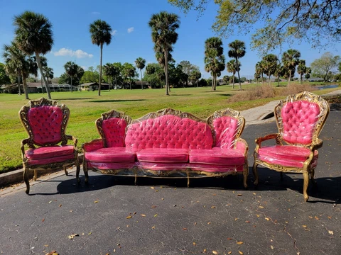 Gorgeous 3 Piece Vintage Pink Velvet Italian Style Tufted Couch Cover